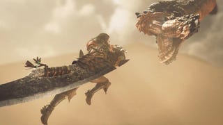 A greatsword-wielding hunter swings at a sandworm in a trailer for Monster Hunter Wilds