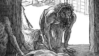 An old black and white illustration of a skinny bearded man crawling from the deck of a ship to a cabin strewn with corpses.