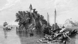 An old vintage illustration depicting a view of a rocky island on the Ganges, topped by a tower and a few buildings, with boats in the foreground.