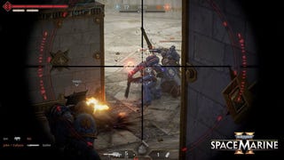 A sniper scope view of Space Marines slaughtering each other with swords in Warhammer 40,000: Space Marine 2 multiplayer.