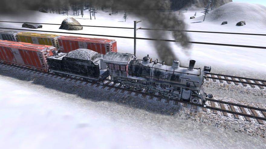 A train with steam bellowing as it chugs through snow in Railroad Corporation 2.