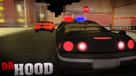 Artwork for the Roblox game Da Hood, showing a police car chasing after a muscle car.