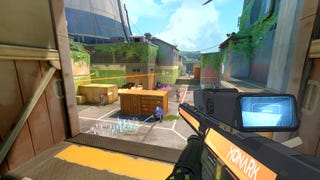 A futuristic sniper assesses a field of players battling it out between shipping crates in Spectre Divide.