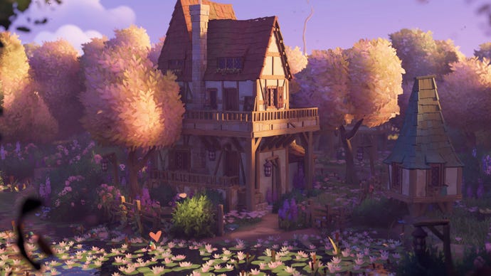 Screenshot taken from the Tiny Glade release date announcement trailer showing the new ponds and ducks by a structure.