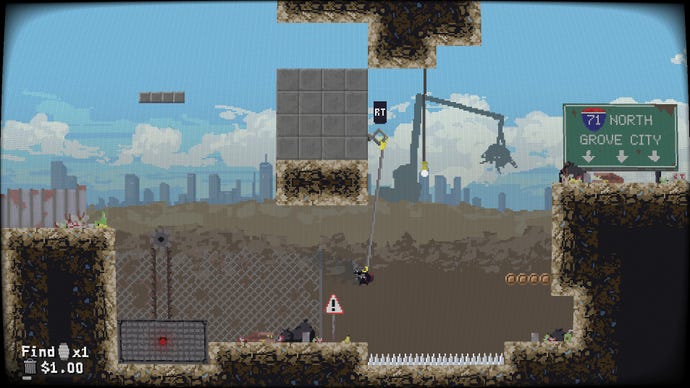 A burgler-racoon swings across some spikes in Trash Bandits.