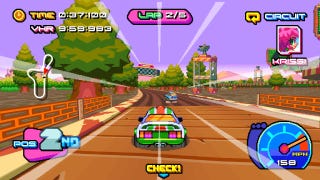 A 2D car zooms into a 3D world in old school racer Victory Heat Rally.