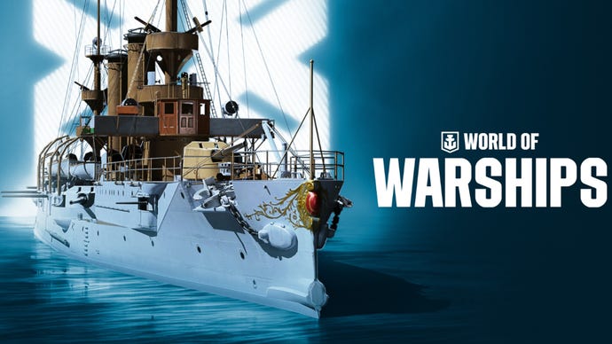 Artwork for the World of Warships Starter Pack, showing the huge Albany naval ship.